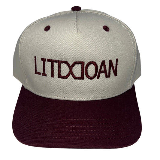 Beige and maroon cap with 'LITEXCOAN' branding on a white background
