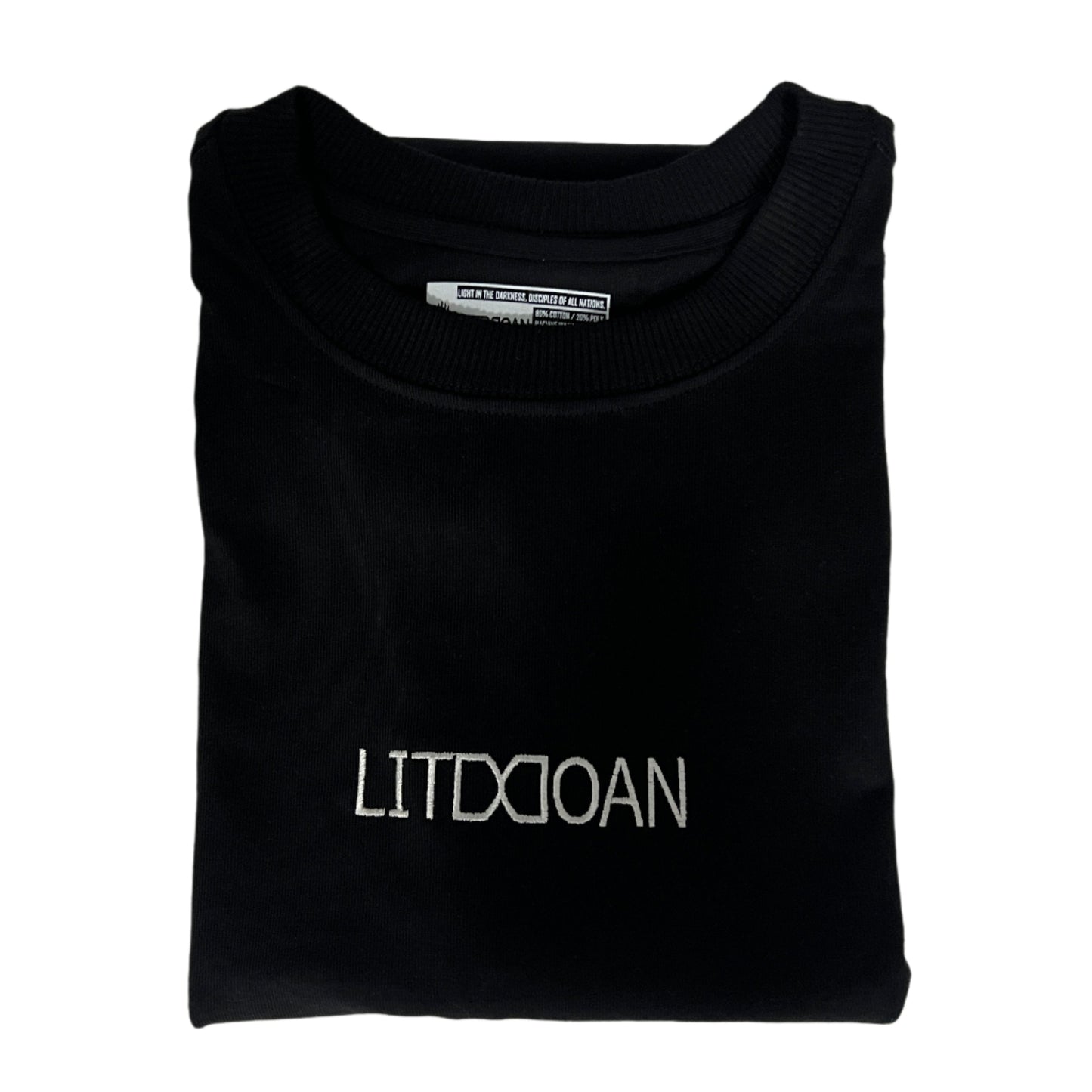Folded black supper heavyweight tee with 'LITDDOAN' branding on a light white background