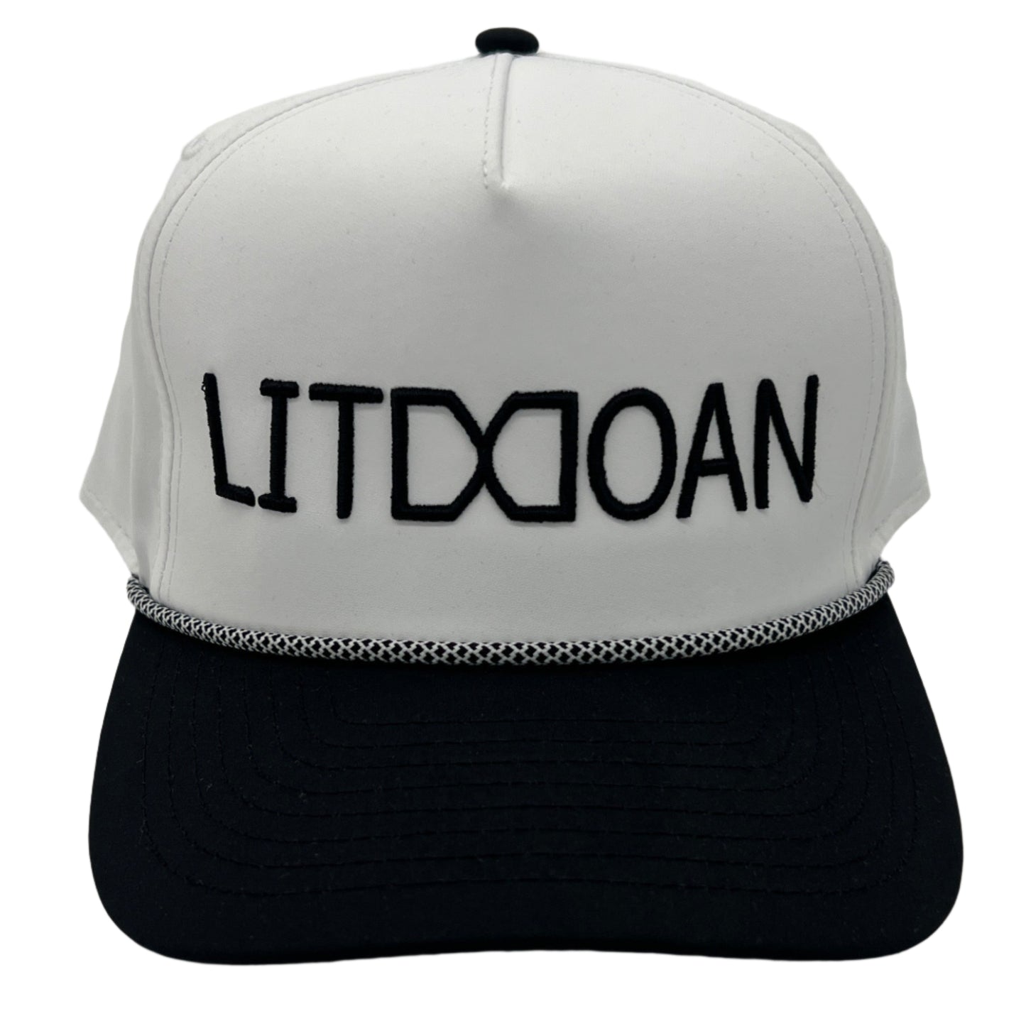 White and black cap with 'LITDCOAN' text on a white background