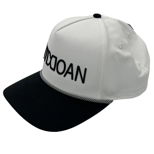 White and black cap with text on a light gray background