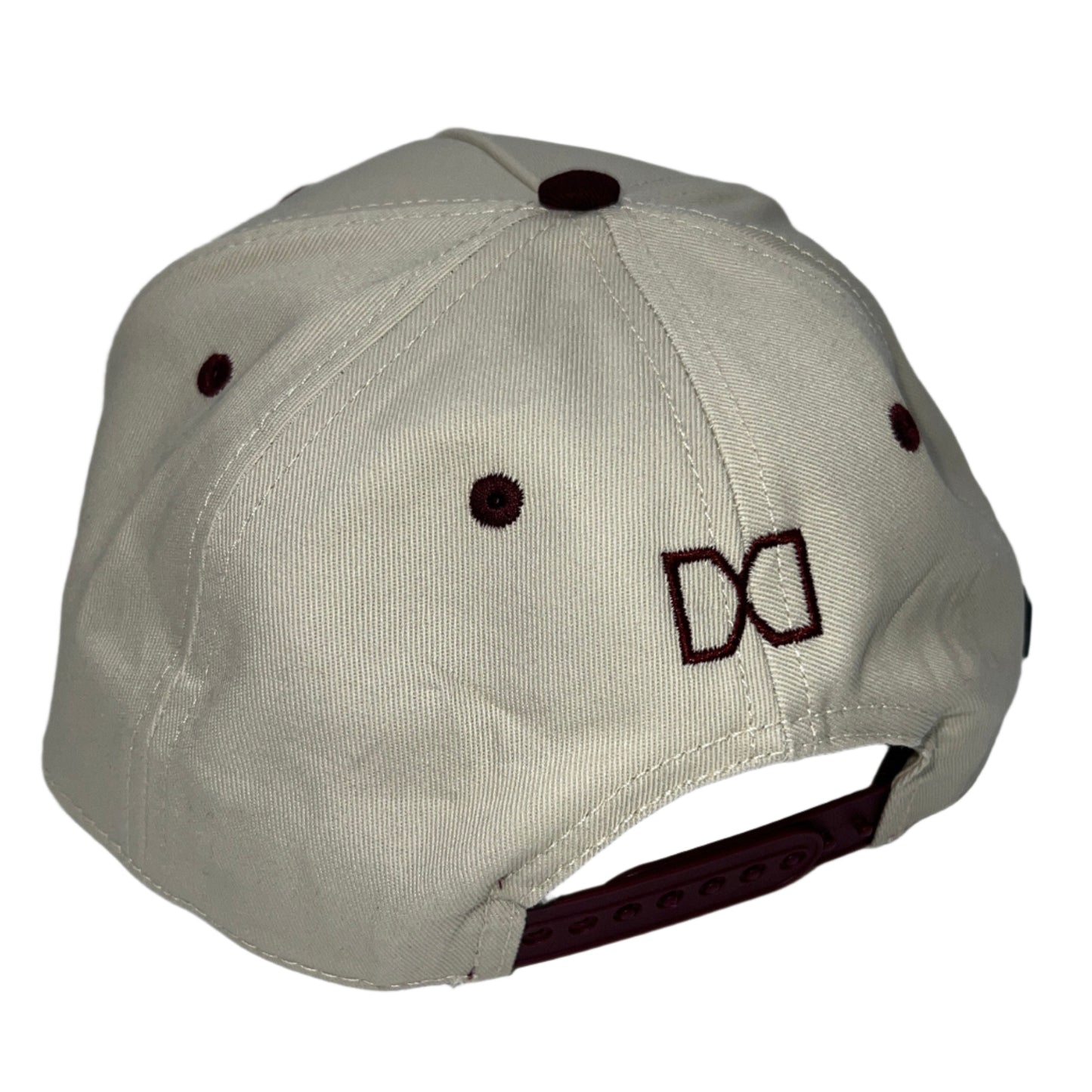 Beige cap with a logo on the back against a gray background