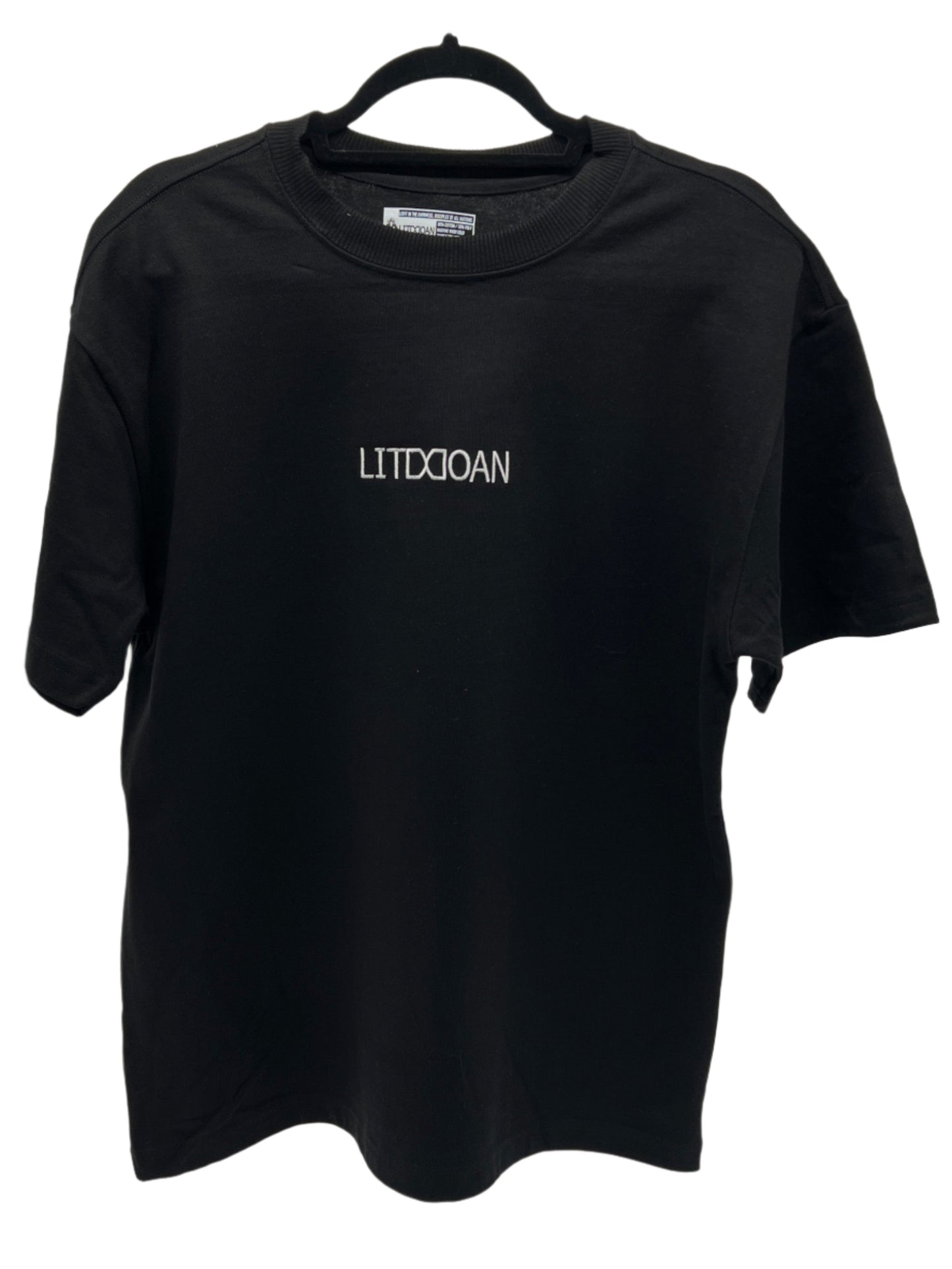 Super Heavyweight Black t-shirt with 'LITDDOAN' logo on a hanger against a white background