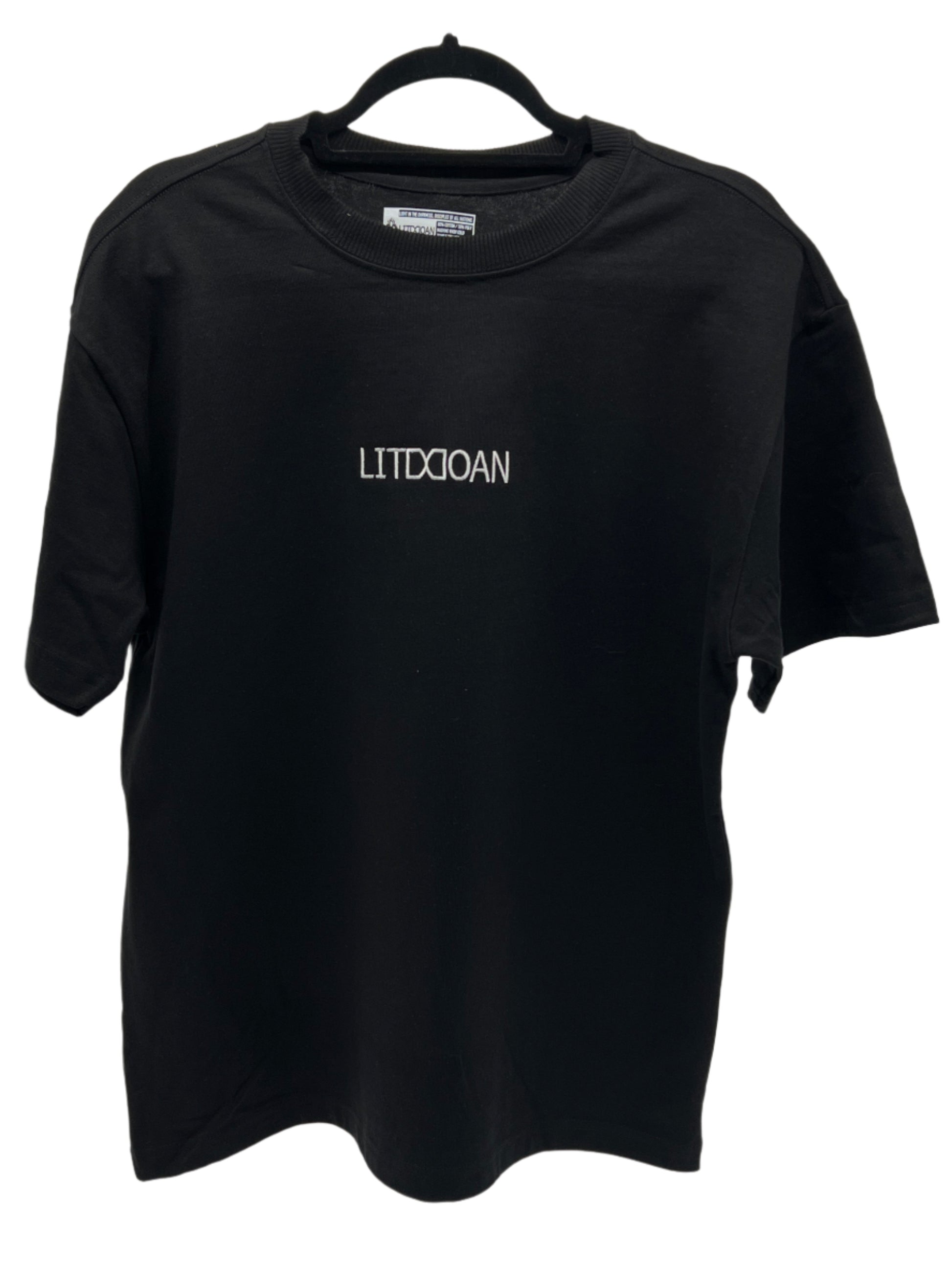 Super Heavyweight Black t-shirt with 'LITDDOAN' logo on a hanger against a white background