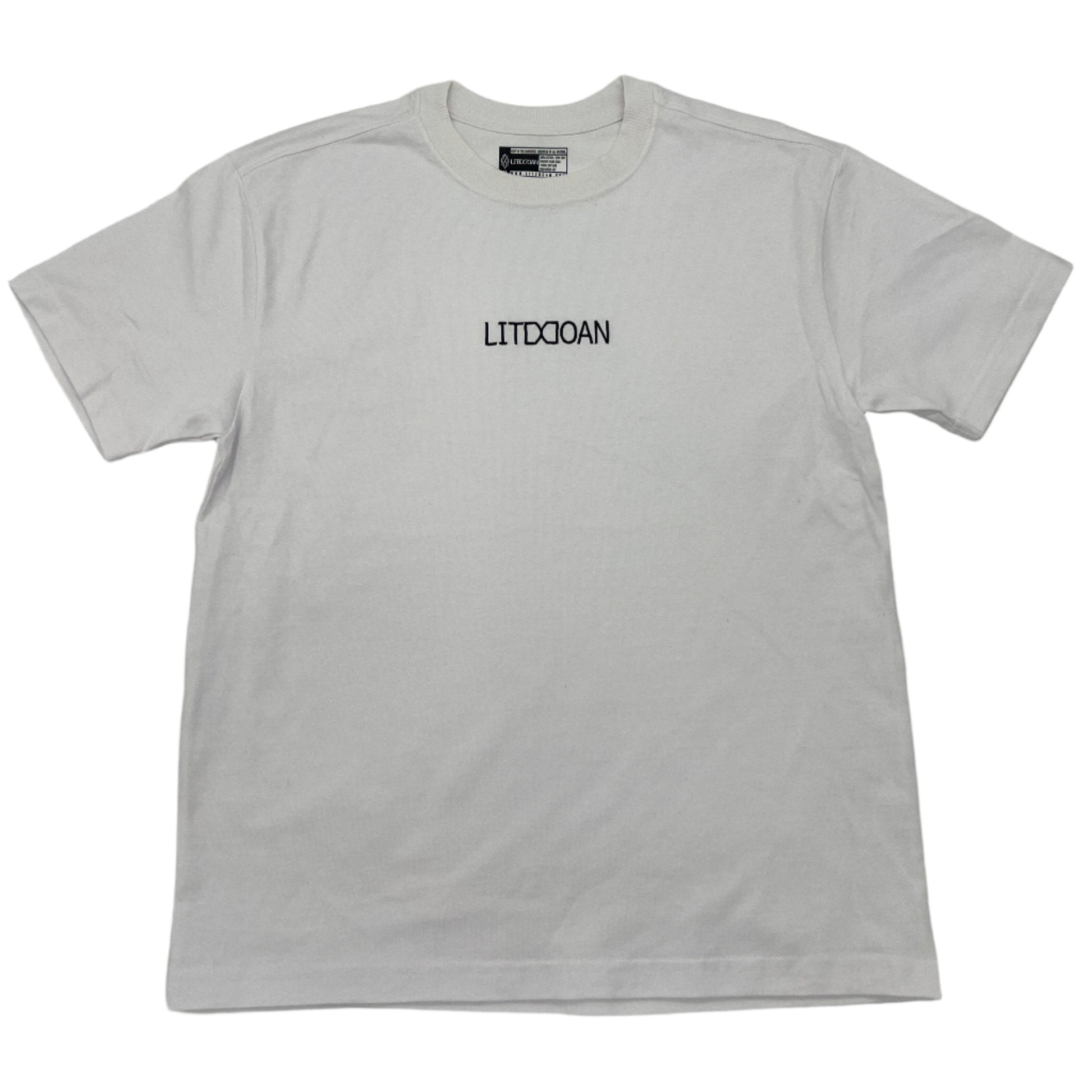 White t-shirt with black "LITDDOAN LOGO" text on a white background