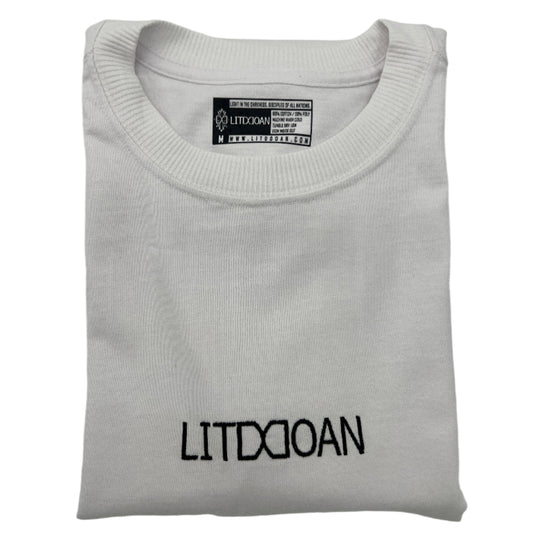Folded gray sweatshirt with 'LITDDOAN' text on a light gray background
