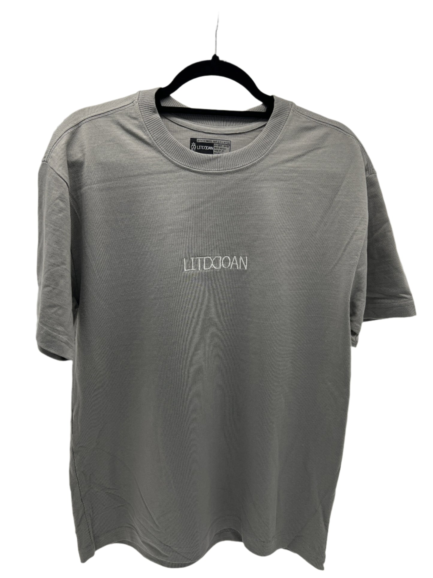 Gray t-shirt with 'LITDDOAN' logo on a hanger against a white background