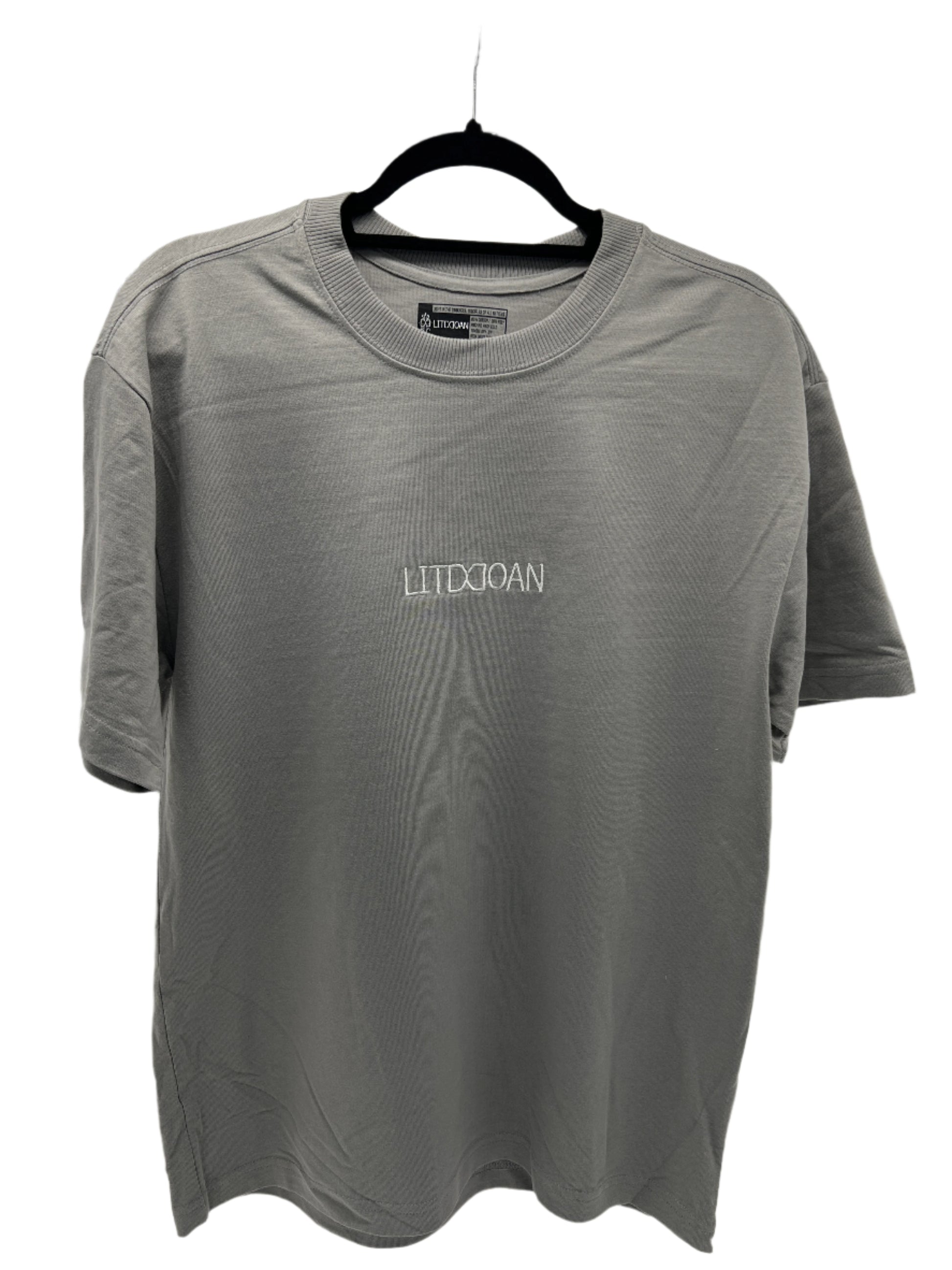 Gray t-shirt with 'LITDDOAN' logo on a hanger against a white background