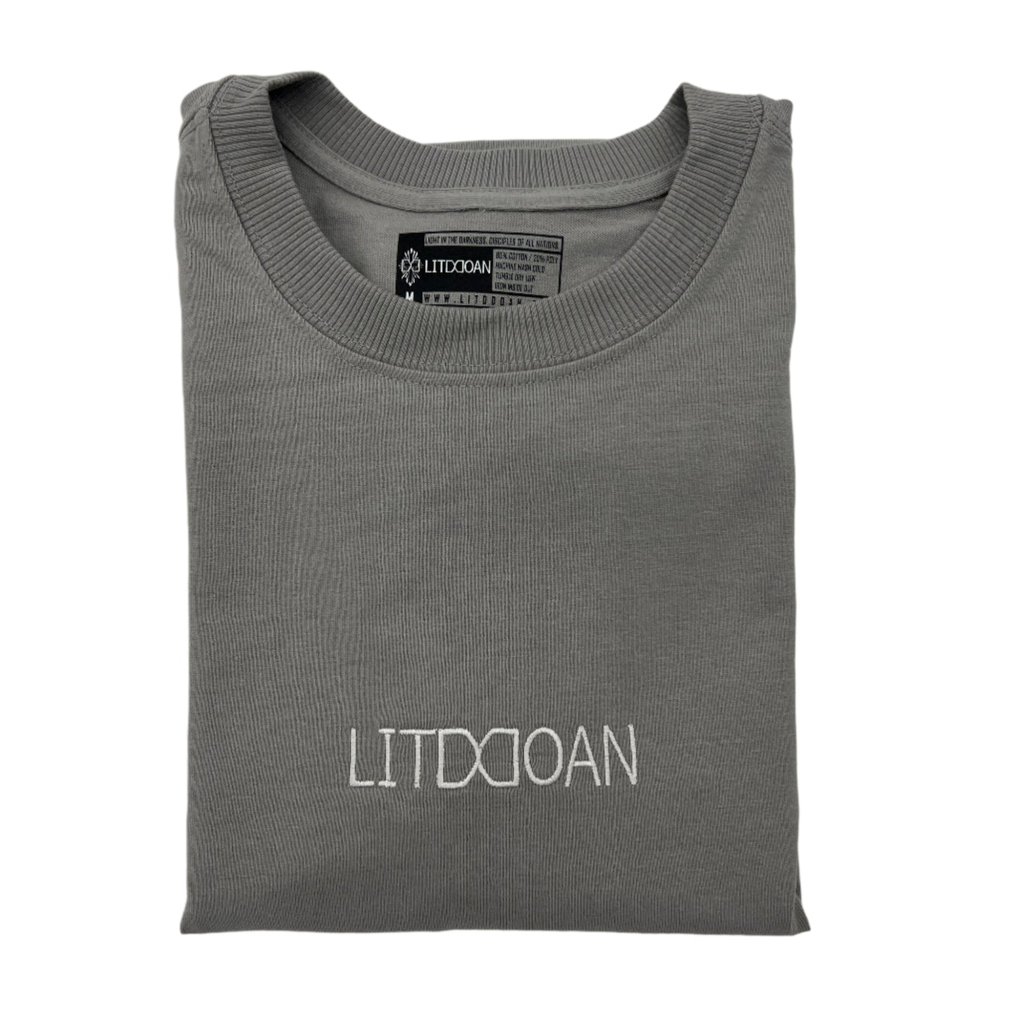 Folded gray t-shirt with 'LITDDOAN' text on a light gray background