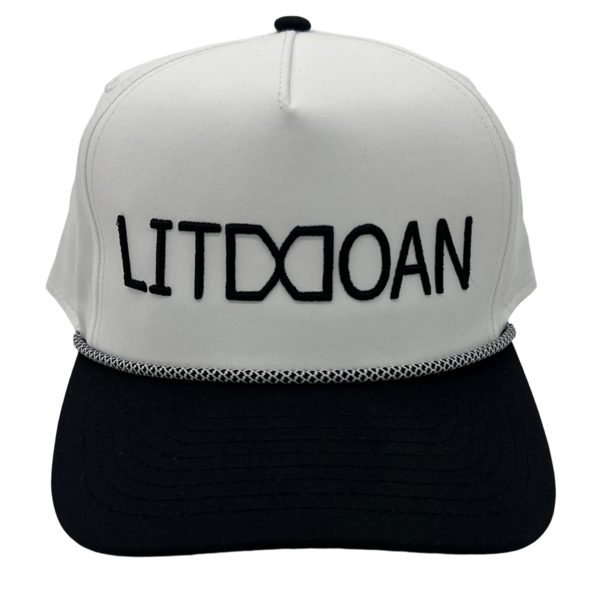 White and black cap with 'LITDCOAN' text on a white background