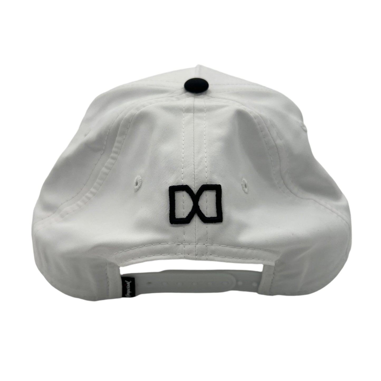 White cap with a black logo on a white background