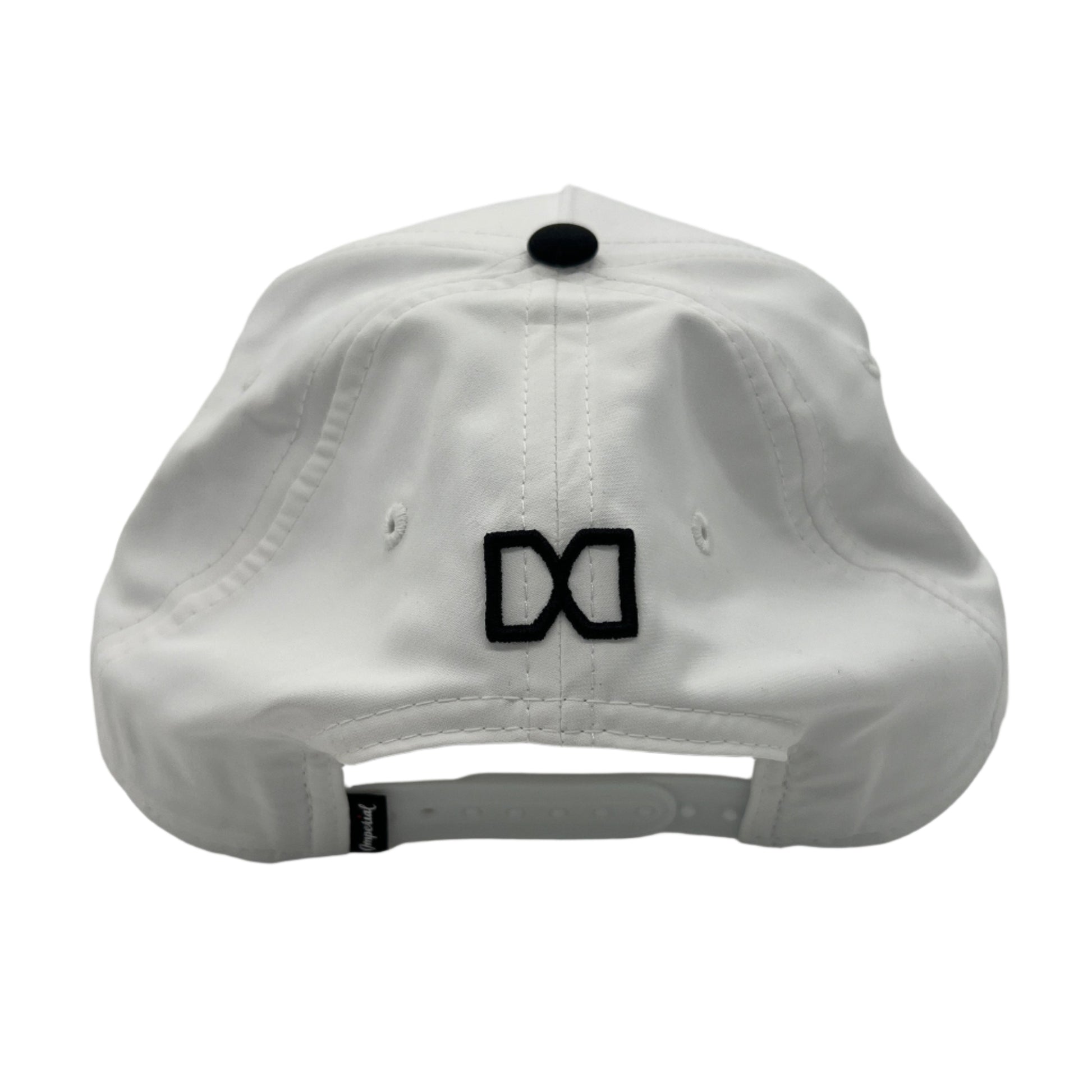 White cap with a black logo on a white background